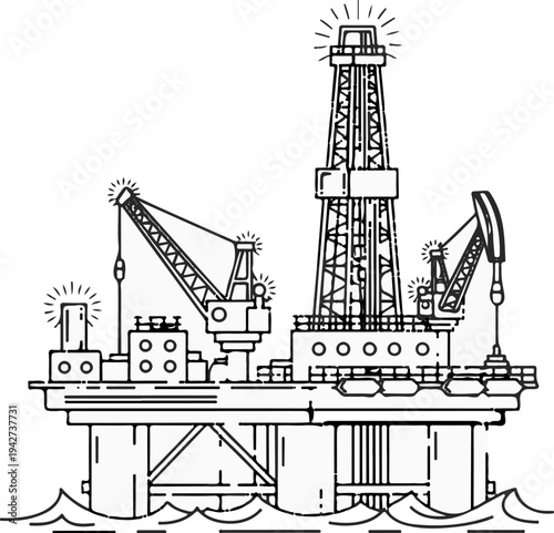 An industrial drilling platform stands tall on the wavy ocean surface