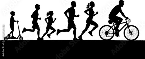 Black silhouettes of business professionals including a man with a briefcase and a woman with a laptop, flat vector illustration.