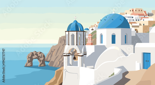 Charming mediterranean coastal town with iconic blue domes and scenic ocean views