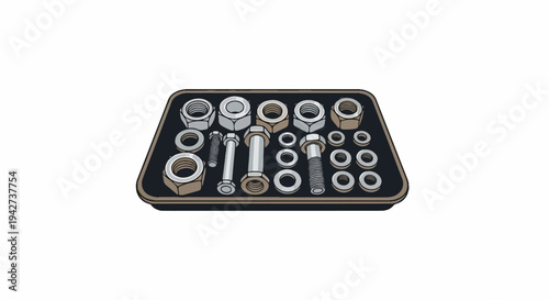 Assortment of nuts, bolts, and washers laid out on a dark tray