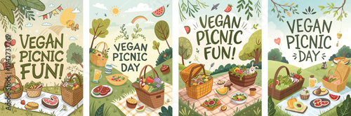 Colorful illustrations celebrating vegan picnic fun with diverse food settings.