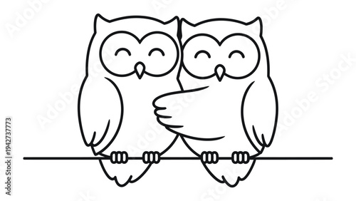 Two Owls in a Hug: A charming illustration of two cute owls perched side-by-side on a branch, one gently hugging the other, conveying a sense of warmth and affection.