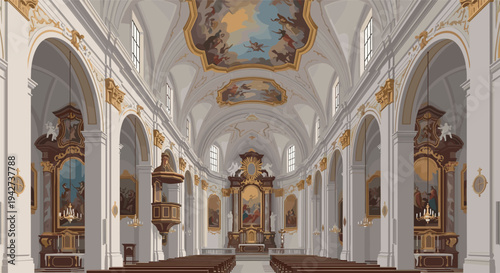 Majestic cathedral interior with ornate baroque design and dramatic ceiling art