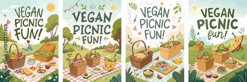 Colorful illustrations showcasing a fun vegan picnic theme with food baskets.