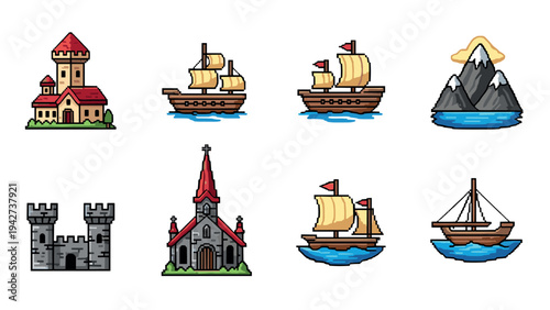 Nostalgic medieval and nautical pixel art set with castles and ships
