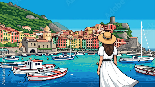 Colorful coastal townscape with boats and tourist in pixel art style