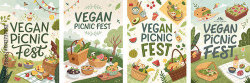 Colorful illustrations promoting a Vegan Picnic Fest, featuring diverse foods.