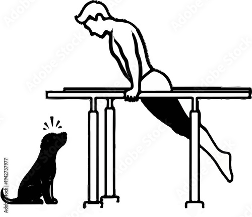 Athlete on parallel bars, dog looks up admiringly