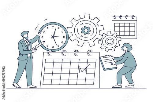 Professional business team managing time and tasks with gears,
Professional Human Resources Illustration.
clock, calendar, and checklist. 
Concept of effective planning, productivity, 
Efficiency at w