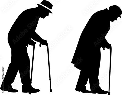 Black silhouettes of two senior elderly men walking with canes or walking sticks for aging healthcare retirement and social support