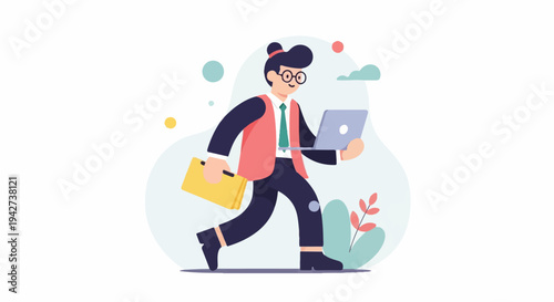 Animated person with glasses, briefcase, and laptop walks briskly