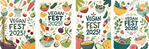 Colorful illustrations representing a vegan festival celebrating healthy eating.