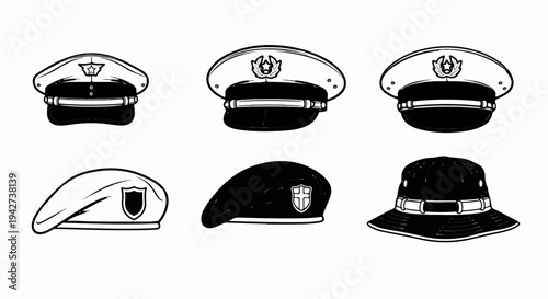 Assortment of six headwear items in black and white line art style