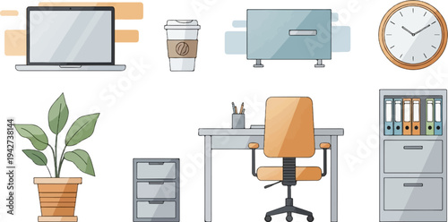 An office scene with a laptop, coffee cup, plant, desk, chair, clock, filing cabinet