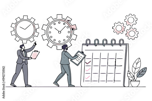 Professional business team managing time and tasks with gears,
Professional Human Resources Illustration.
clock, calendar, and checklist. 
Concept of effective planning, productivity, 
Efficiency at w