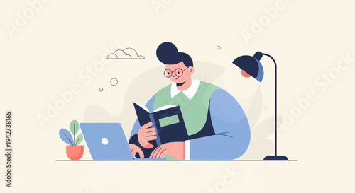 Animated person with glasses reading a book at desk with laptop
