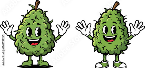 Set of 2 Happy Green Cannabis Bud Cartoon Characters Vector Illustration for Dispensary, CBD, or Marijuana Branding and Marketing