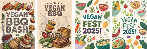 Vibrant vegan festival posters showcasing BBQ themes and delicious dishes.