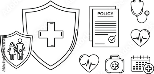 Medical Health Insurance and Family Protection Policy Line Icons Set
