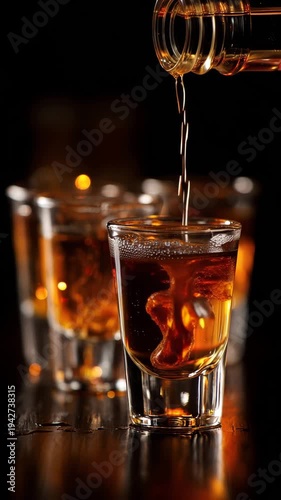 Pouring golden amber whiskey into a shot glass with a dark moody background