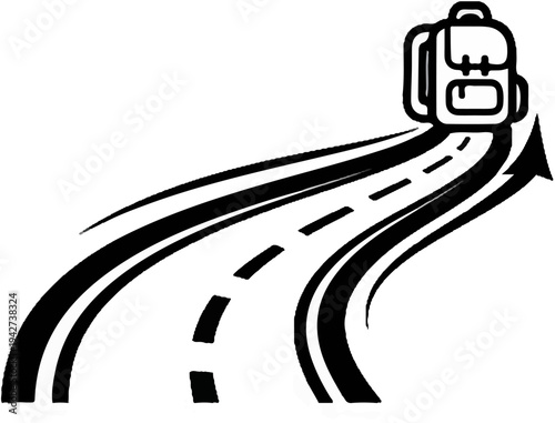 Backpack on a diverging road leading to an upward arrow