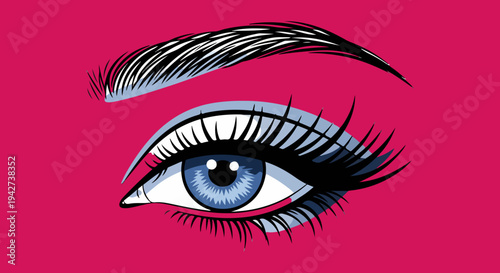 Close-up vector illustration of a beautiful female blue eye with long black eyelashes and a perfectly shaped eyebrow, set against a vibrant pink background, ideal for beauty and fashion designs.