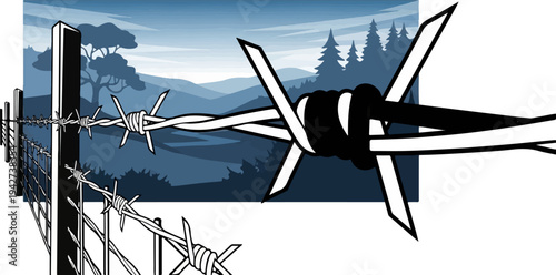 Barbed wire fence cuts across a serene landscape under a twilight sky