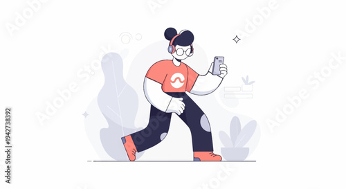 Animated person with headphones and phone walking
