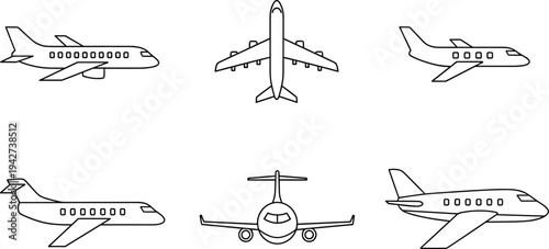 Line drawings of airplanes in multiple perspectives including side and front views, showcasing wings, engines, fuselage, and tail, aviation illustration for design and flight graphics