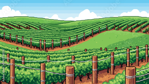 Pixel art vineyard landscape with rolling hills and wooden posts under a blue sky