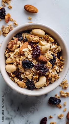 Healthy granola bowl with oats, almonds, cashews, and raisins on a white marble surface