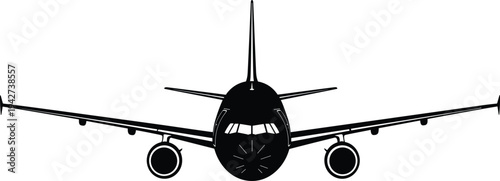 Silhouette of commercial airplane front view with wings, engines, landing gear, cockpit windows, and vertical stabilizer, aviation design illustration for transport, travel, and flight graphics
