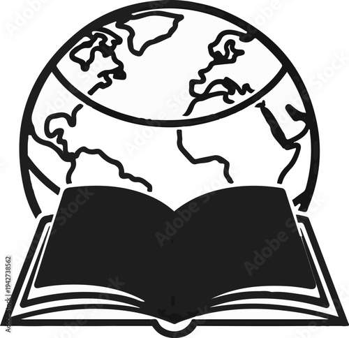 An open book rests beneath a stylized globe