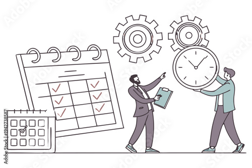 Professional business team managing time and tasks with gears,
Professional Human Resources Illustration.
clock, calendar, and checklist. 
Concept of effective planning, productivity, 
Efficiency at w