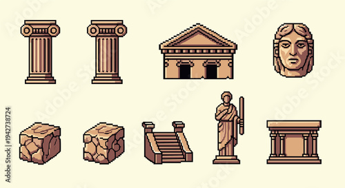 Retro pixel art of ancient greek architecture elements and sculptures