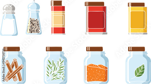 Set of kitchen spice jars and condiment containers including salt pepper cinnamon and herbs vector illustrations isolated on white background for cooking design.