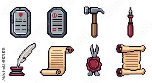 Pixel art icons of medieval tools and scrolls in retro style
