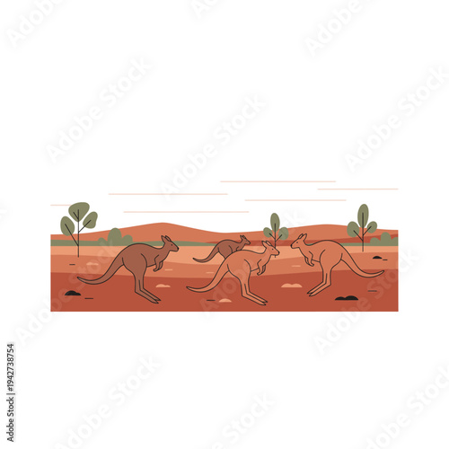 Group of Kangaroos Hopping in the Australian Outback.