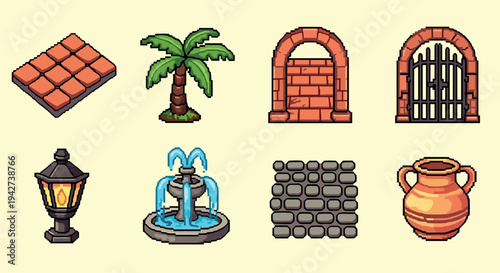 Pixel art medieval objects: palm tree, fountain, gate, lamp, vase, arch, cobbles, tiles