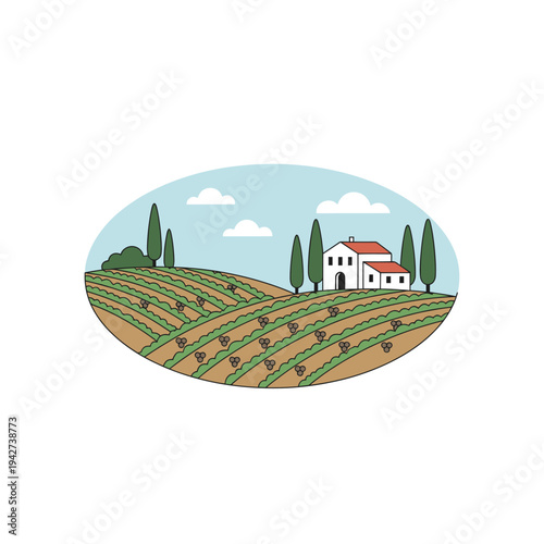 Vineyard landscape with farmhouse and cypress trees.