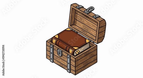 An open wooden chest containing a brown leather-bound book with gold accents