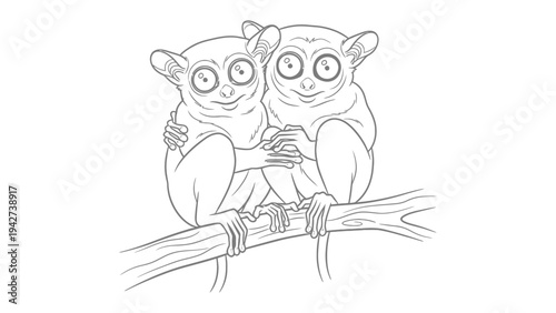 Adorable Tarsier Duo: A pair of tarsiers, their large, captivating eyes and expressive faces radiating warmth and affection, perch together on a slender branch.