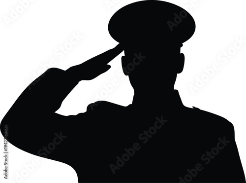 Black silhouette of a brave military officer in uniform and peaked cap performing a respectful hand salute against white background