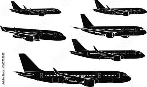 Silhouettes of commercial airplanes in multiple orientations with wings, engines, tail fins, and cockpit windows, aviation design illustration for transport, travel, and flight graphics collection