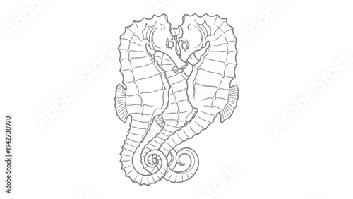 Seahorse Embrace: Two seahorses, their bodies intertwined in a tender embrace, symbolize love and companionship, their delicate forms captured in a simple, yet elegant monochrome style.