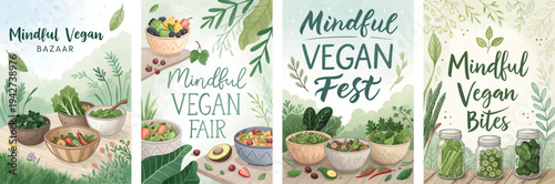 Colorful illustrated posters promoting mindful vegan events and healthy eating.
