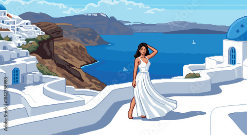 Elegant woman in white dress exploring coastal architecture in pixel art style