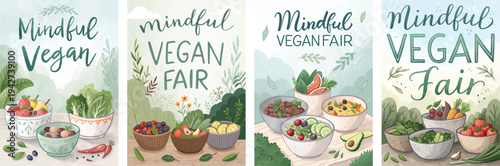 Illustrated posters showcasing a Mindful Vegan Fair with vibrant, colorful sketches.