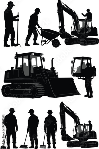 Construction worker silhouettes with excavator, bulldozer and manual tools, heavy equipment operators and laborers, isolated black vector illustration on white background for stock use