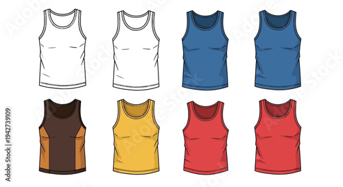 Collection of eight men's undershirt and athletic tank top vector design templates for apparel mockups